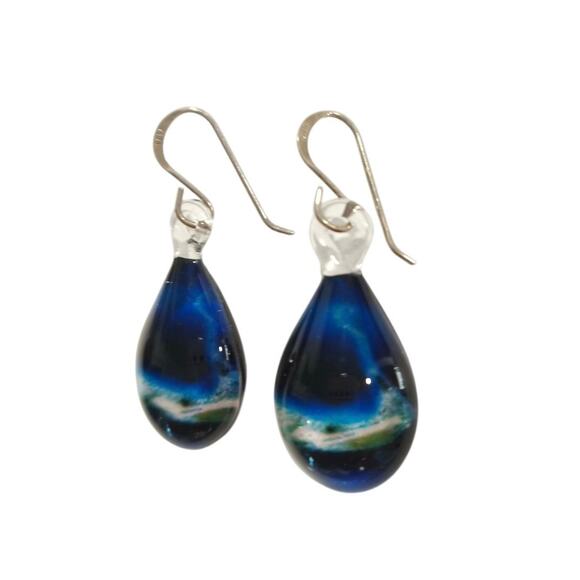 Sterling Silver 925 Ocean Beach Dangle Drop Earrings Blue Fused Glass Hook - Picture 4 of 9